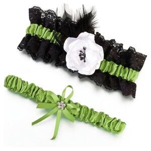 Lillian Rose Wedding‎ Bride Kelly Green Black Jeweled Garter Keep + Toss Set NEW